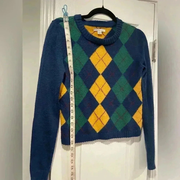 American Eagle Soft Cropped Blue Argyle Crew Neck Pullover Sweater Size XS - Picture 6 of 10